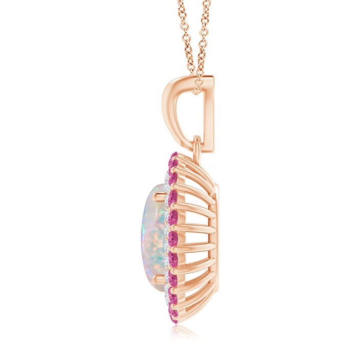 10x8mm AAAA Oval Opal Pendant with Double Diamond and Pink Sapphire Halo in Rose Gold Product Image