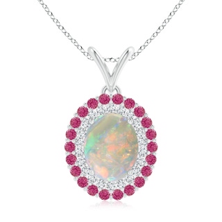 10x8mm AAAA Oval Opal Pendant with Double Diamond and Pink Sapphire Halo in White Gold