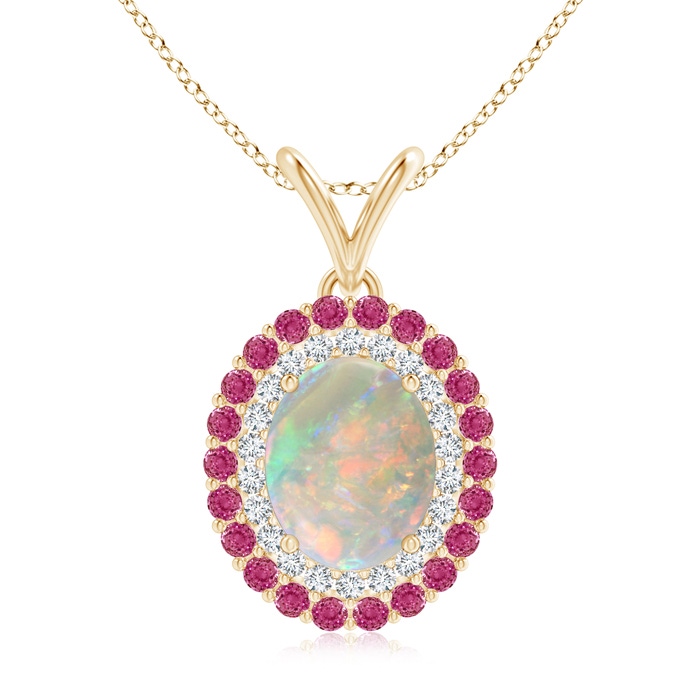 10x8mm AAAA Oval Opal Pendant with Double Diamond and Pink Sapphire Halo in Yellow Gold