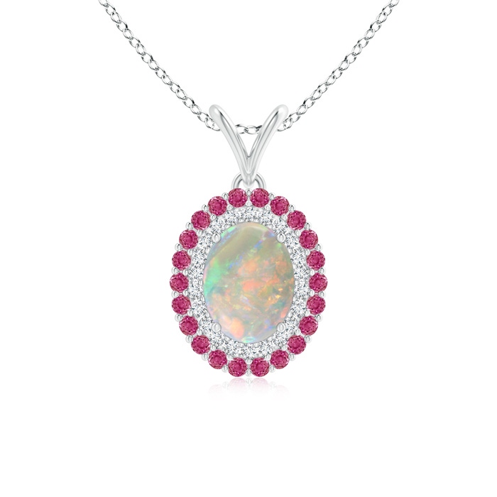 8x6mm AAAA Oval Opal Pendant with Double Diamond and Pink Sapphire Halo in White Gold