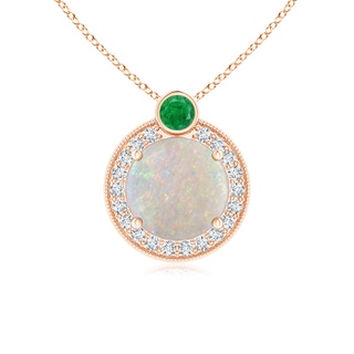 7mm AA Round Opal and Diamond Halo Pendant with Bezel-Set Emerald in 9K Rose Gold