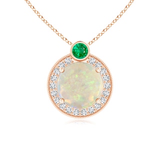 7mm AAA Round Opal and Diamond Halo Pendant with Bezel-Set Emerald in Rose Gold