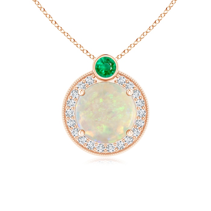 7mm AAA Round Opal and Diamond Halo Pendant with Bezel-Set Emerald in Rose Gold 