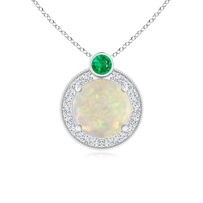 7mm AAA Round Opal and Diamond Halo Pendant with Bezel-Set Emerald in White Gold 