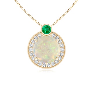 7mm AAA Round Opal and Diamond Halo Pendant with Bezel-Set Emerald in Yellow Gold