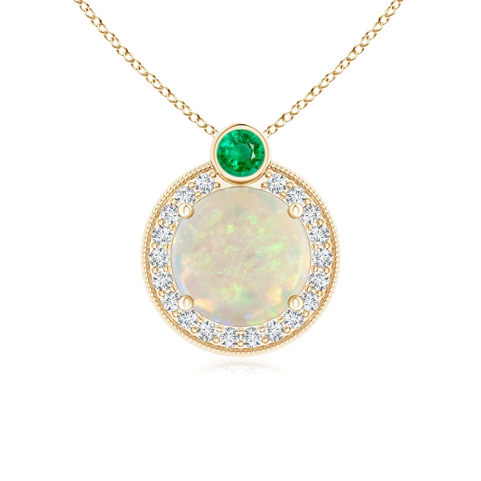 7mm AAA Round Opal and Diamond Halo Pendant with Bezel-Set Emerald in Yellow Gold 