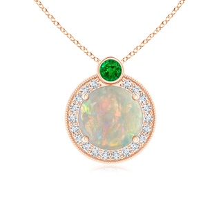 7mm AAAA Round Opal and Diamond Halo Pendant with Bezel-Set Emerald in 9K Rose Gold