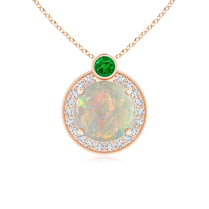 7mm AAAA Round Opal and Diamond Halo Pendant with Bezel-Set Emerald in Rose Gold