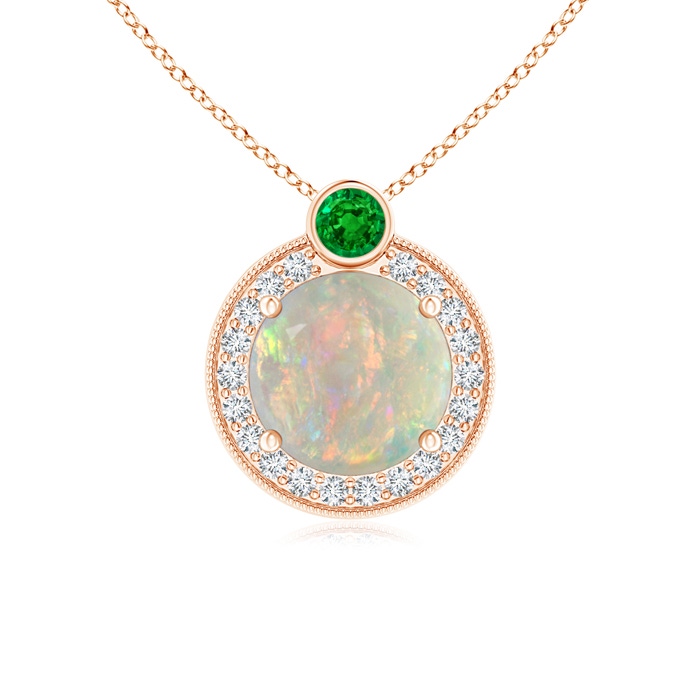 7mm AAAA Round Opal and Diamond Halo Pendant with Bezel-Set Emerald in Rose Gold 