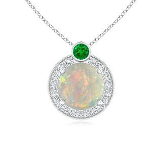 7mm AAAA Round Opal and Diamond Halo Pendant with Bezel-Set Emerald in White Gold