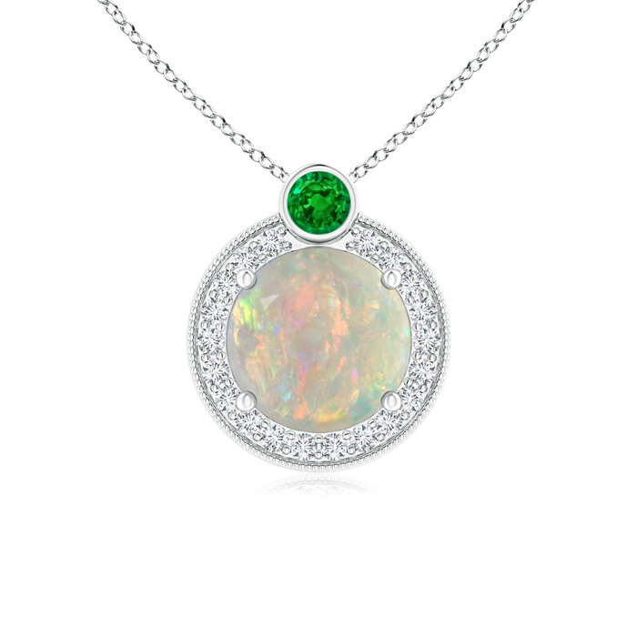 7mm AAAA Round Opal and Diamond Halo Pendant with Bezel-Set Emerald in White Gold 