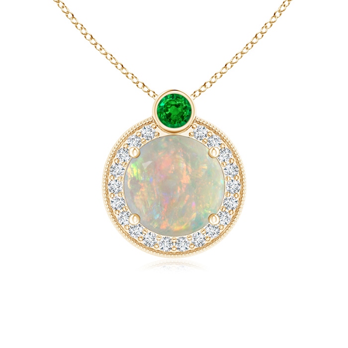 7mm AAAA Round Opal and Diamond Halo Pendant with Bezel-Set Emerald in Yellow Gold 
