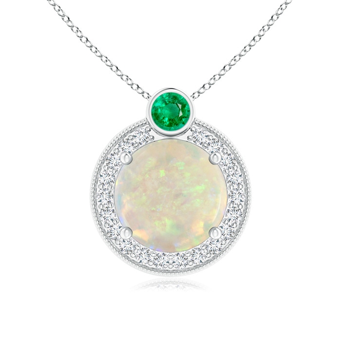 8mm AAA Round Opal and Diamond Halo Pendant with Bezel-Set Emerald in White Gold 