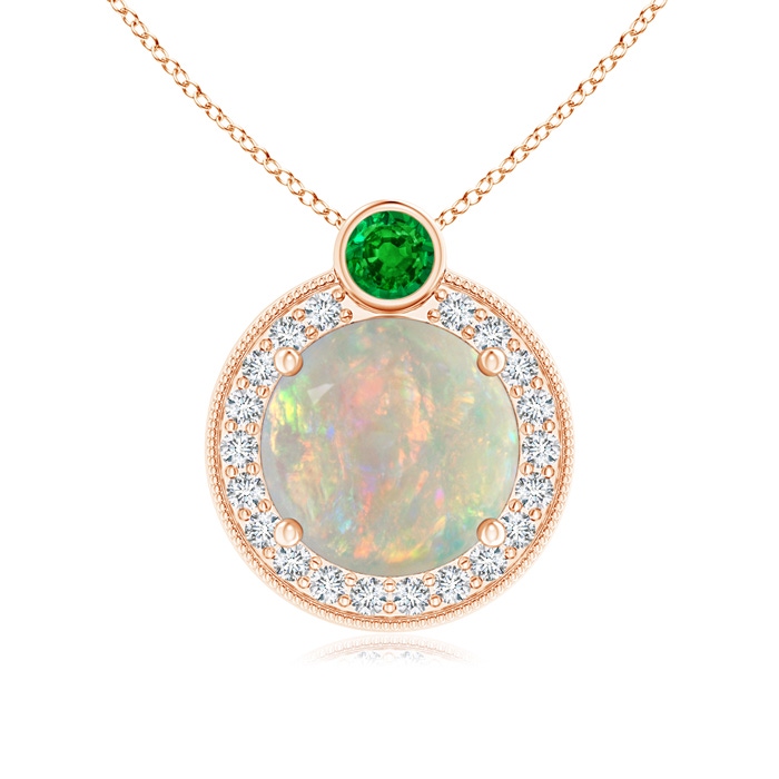 8mm AAAA Round Opal and Diamond Halo Pendant with Bezel-Set Emerald in Rose Gold 