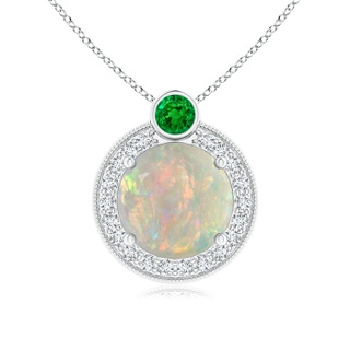 8mm AAAA Round Opal and Diamond Halo Pendant with Bezel-Set Emerald in White Gold