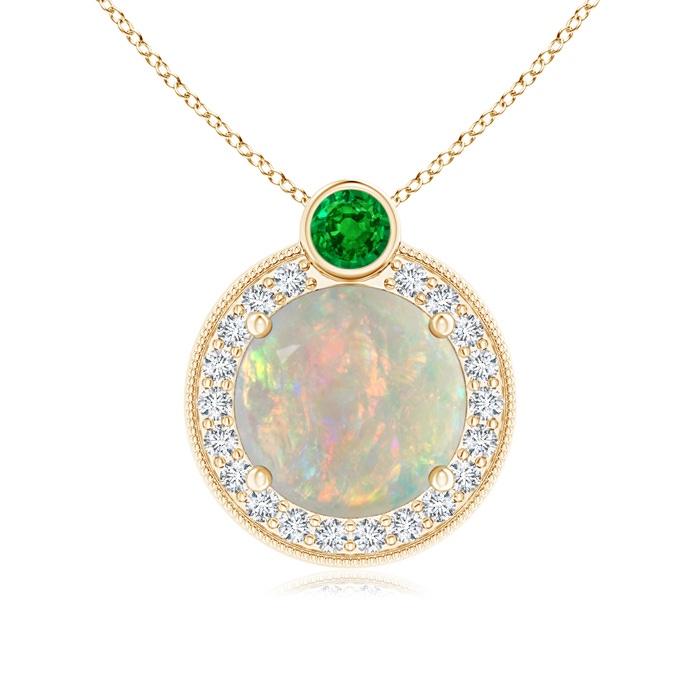 8mm AAAA Round Opal and Diamond Halo Pendant with Bezel-Set Emerald in Yellow Gold 