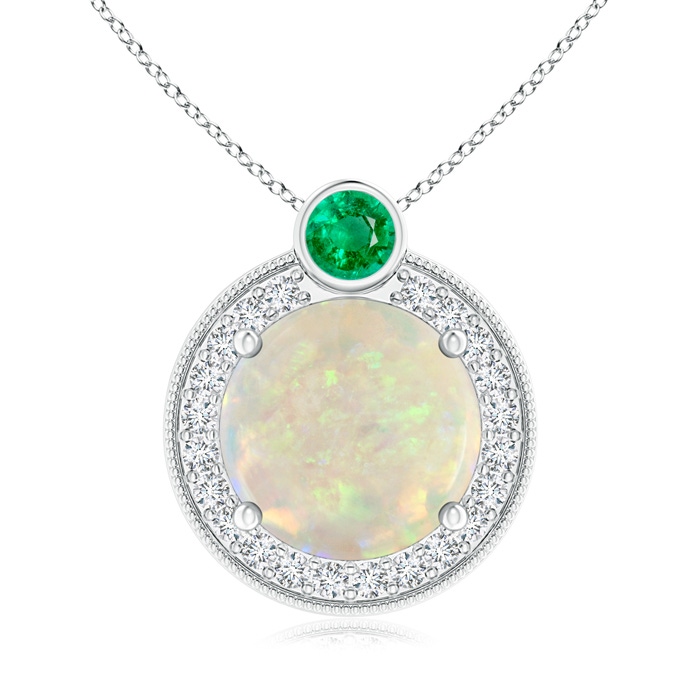 9mm AAA Round Opal and Diamond Halo Pendant with Bezel-Set Emerald in White Gold 