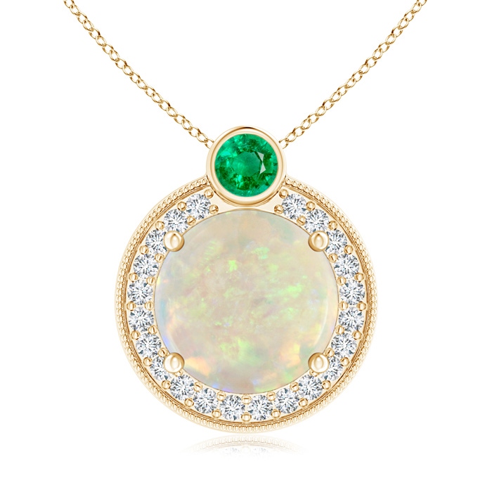9mm AAA Round Opal and Diamond Halo Pendant with Bezel-Set Emerald in Yellow Gold 