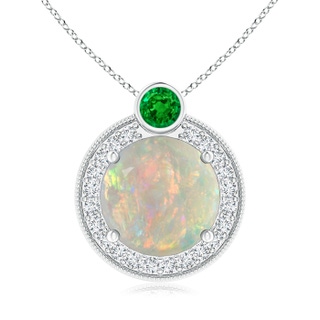 9mm AAAA Round Opal and Diamond Halo Pendant with Bezel-Set Emerald in P950 Platinum