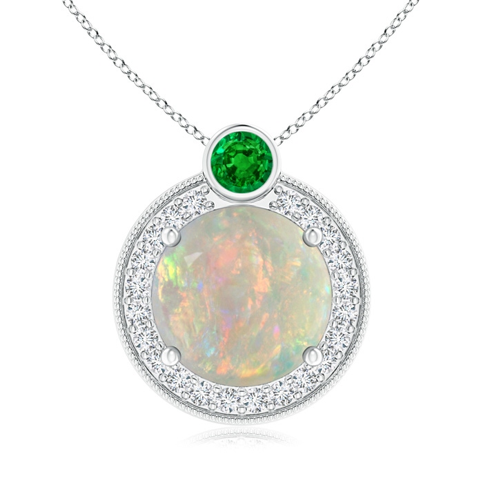 9mm AAAA Round Opal and Diamond Halo Pendant with Bezel-Set Emerald in P950 Platinum 