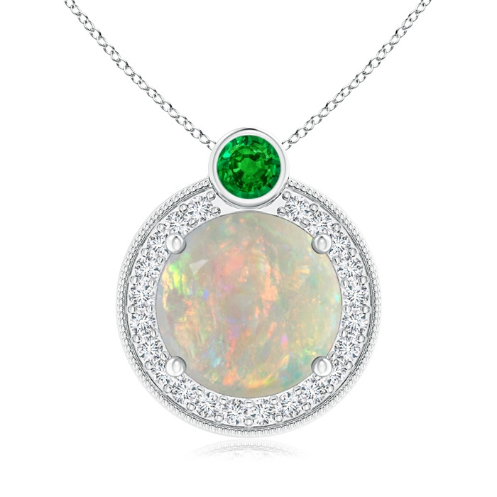 9mm AAAA Round Opal and Diamond Halo Pendant with Bezel-Set Emerald in White Gold