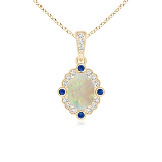 7x5mm AAA Scallop-Edged Oval Opal Halo Pendant with Diamond and Sapphire in Yellow Gold