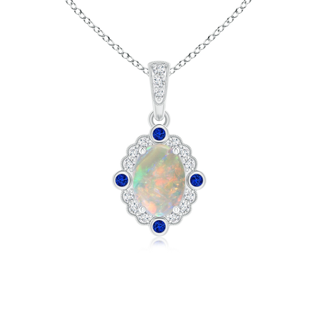 7x5mm AAAA Scallop-Edged Oval Opal Halo Pendant with Diamond and Sapphire in P950 Platinum