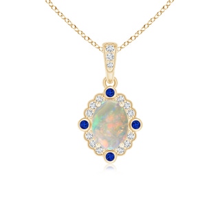 7x5mm AAAA Scallop-Edged Oval Opal Halo Pendant with Diamond and Sapphire in Yellow Gold