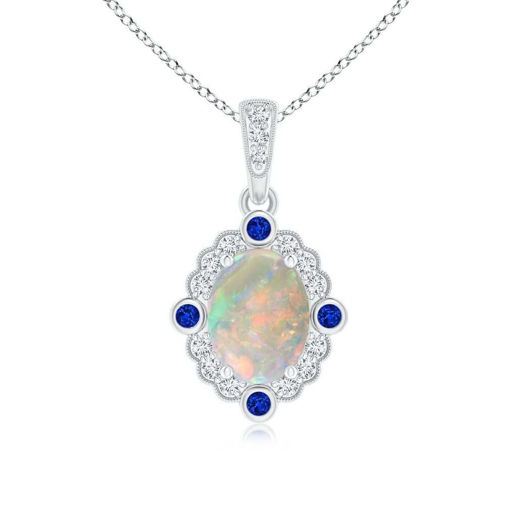 8x6mm AAAA Scallop-Edged Oval Opal Halo Pendant with Diamond and Sapphire in White Gold