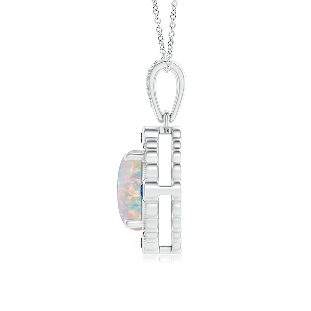 8x6mm AAAA Scallop-Edged Oval Opal Halo Pendant with Diamond and Sapphire in White Gold Product Image