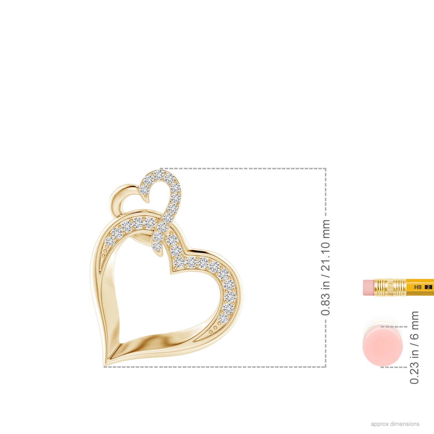 1.1mm HSI2 Interlinked Diamond Tilted Heart Pendant in Yellow Gold - ruler