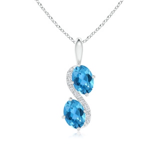 7x5mm AAA Two Stone Oval Swiss Blue Topaz Bypass Pendant with Diamonds in White Gold