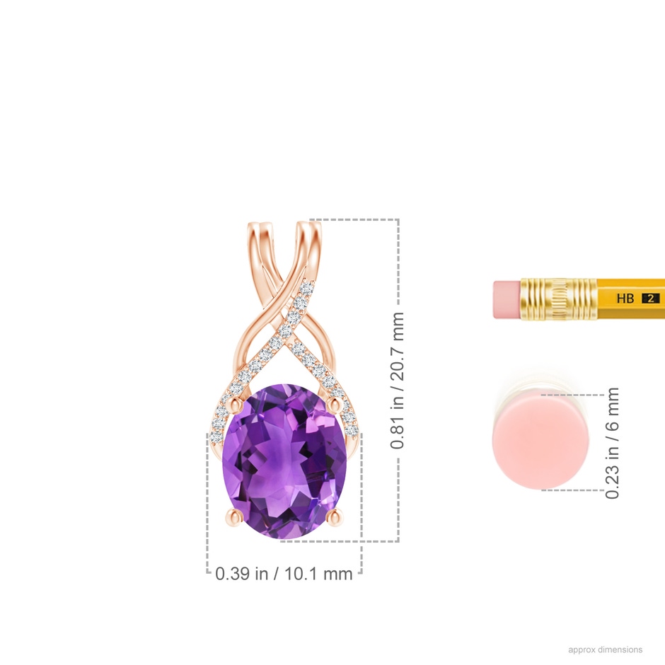 10x8mm AAA Oval Amethyst Criss Cross Pendant with Diamonds in 18K Rose Gold ruler