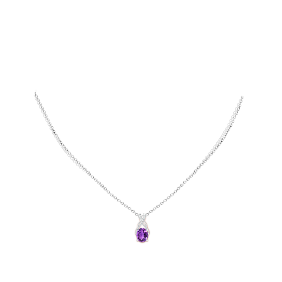 10x8mm AAA Oval Amethyst Criss Cross Pendant with Diamonds in White Gold body-neck