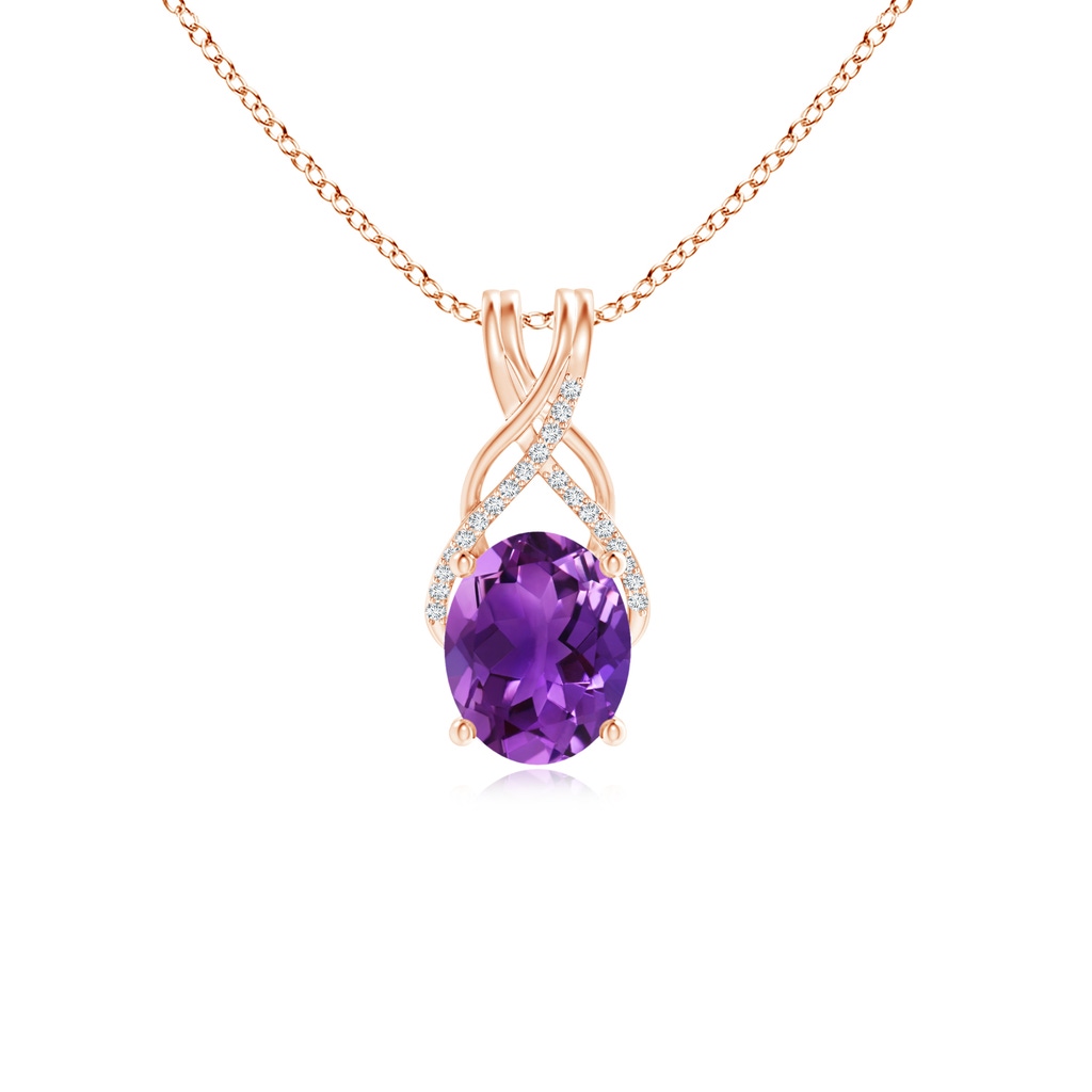 10x8mm AAAA Oval Amethyst Criss Cross Pendant with Diamonds in Rose Gold