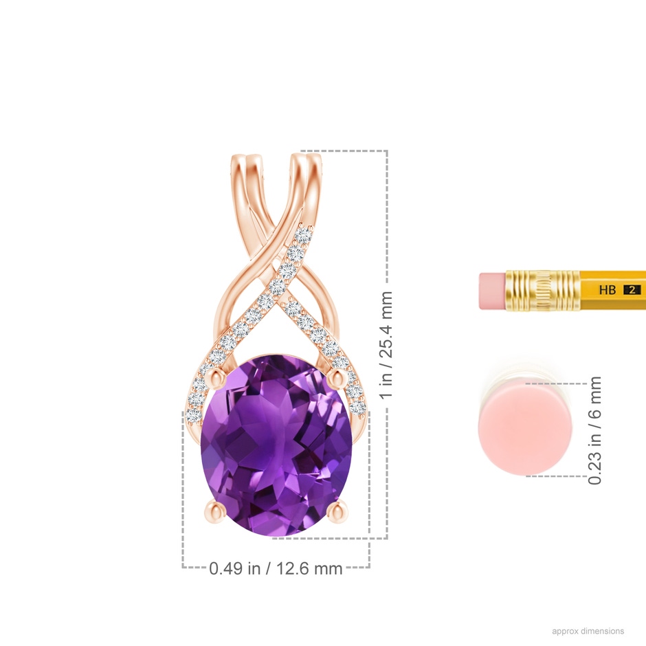 12x10mm AAAA Oval Amethyst Criss Cross Pendant with Diamonds in 18K Rose Gold ruler