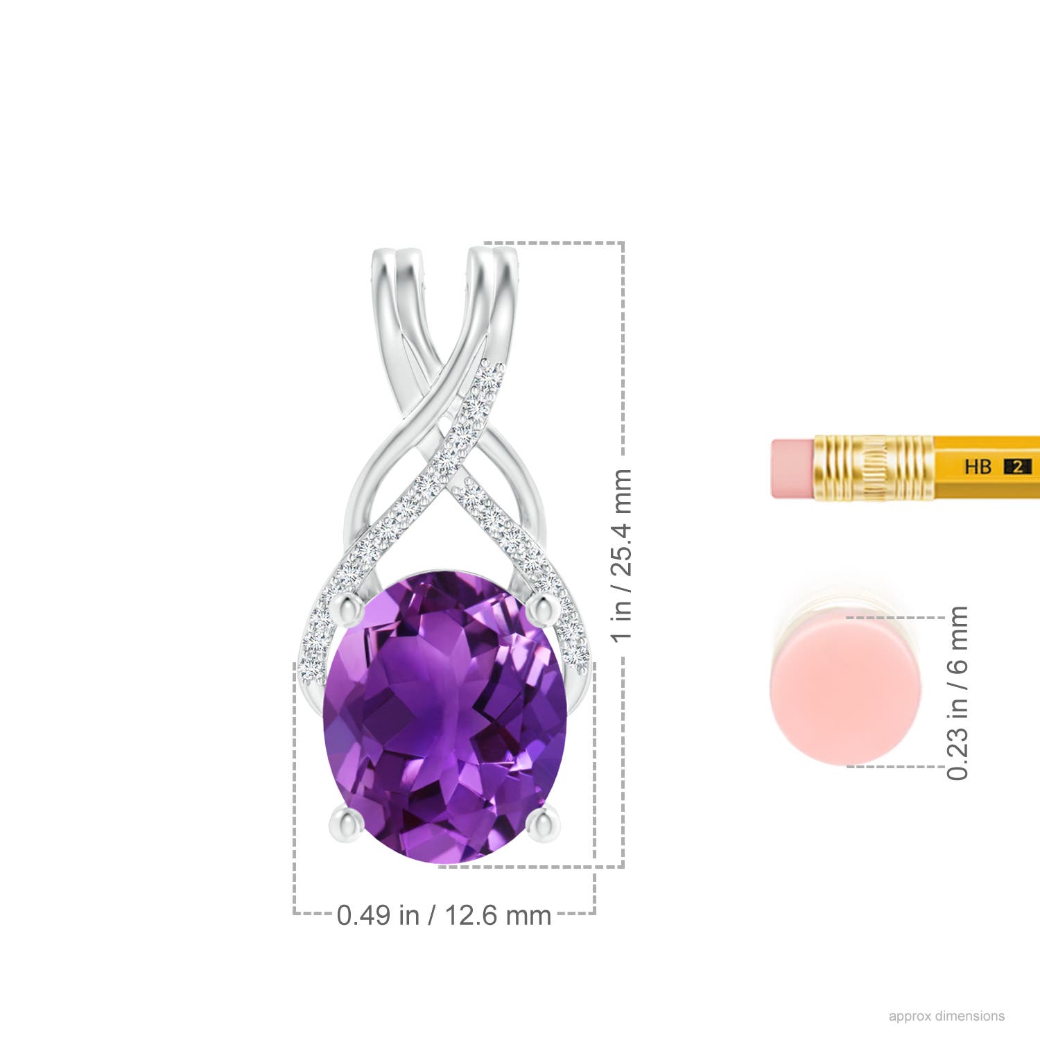 12x10mm AAAA Oval Amethyst Criss Cross Pendant with Diamonds in White Gold - ruler