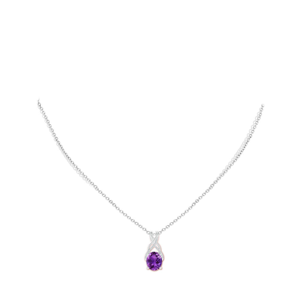 12x10mm AAAA Oval Amethyst Criss Cross Pendant with Diamonds in White Gold Body-Neck