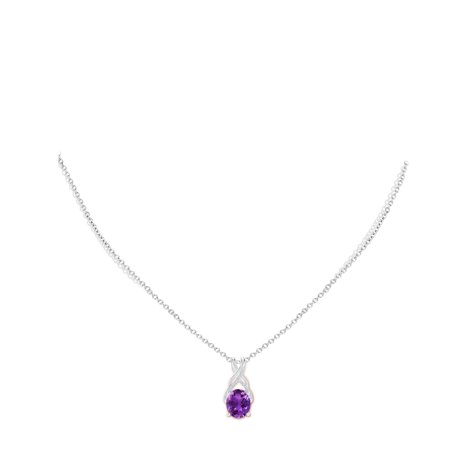 12x10mm AAAA Oval Amethyst Criss Cross Pendant with Diamonds in White Gold body-neck