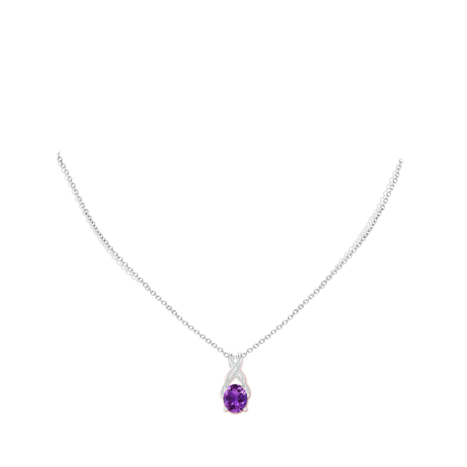 12x10mm AAAA Oval Amethyst Criss Cross Pendant with Diamonds in White Gold - body_neck