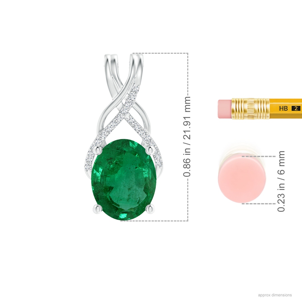 9.86x7.63x4.79mm AA GIA Certified Oval Emerald Criss Cross Pendant with Diamonds. in 18K White Gold ruler