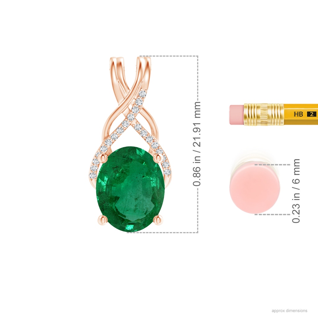 9.86x7.63x4.79mm AA GIA Certified Oval Emerald Criss Cross Pendant with Diamonds. in Rose Gold ruler