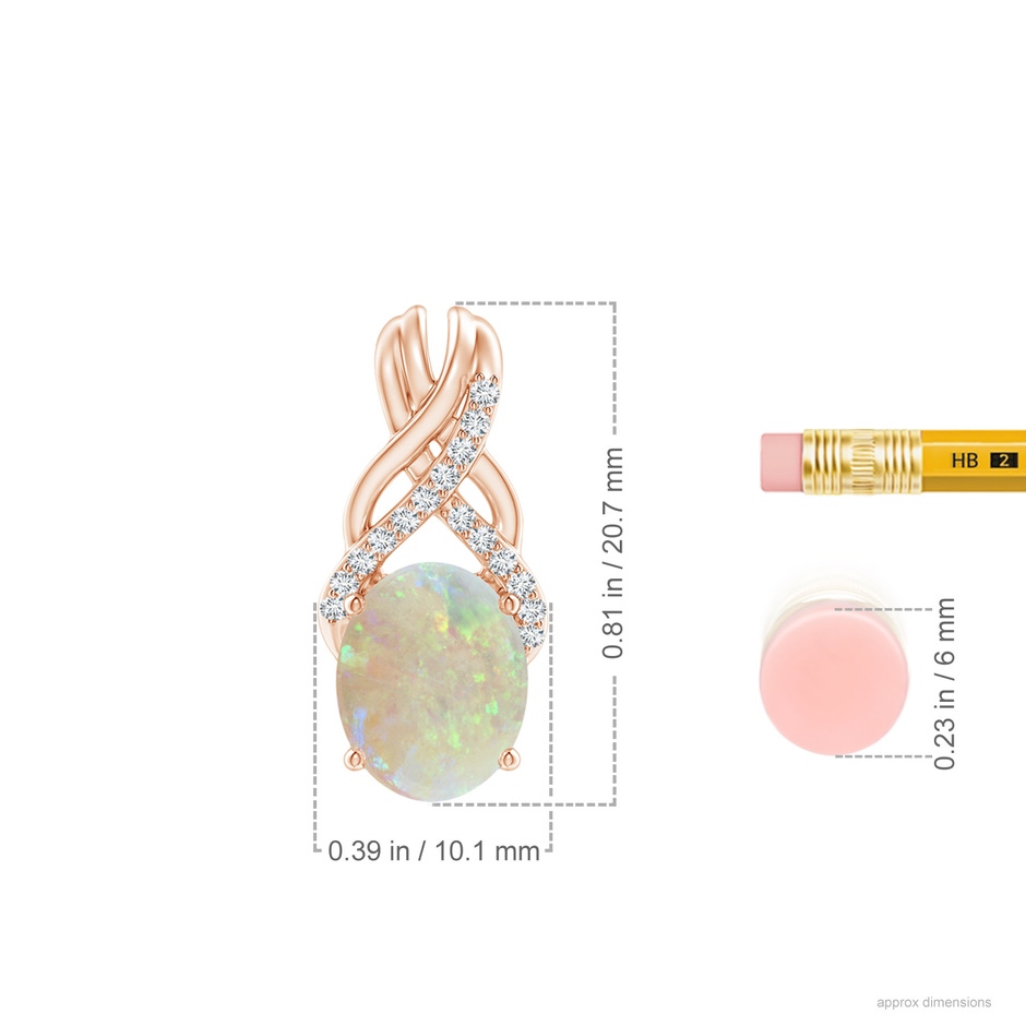 10x8mm AAA Oval Opal Criss Cross Pendant with Diamonds in Rose Gold ruler