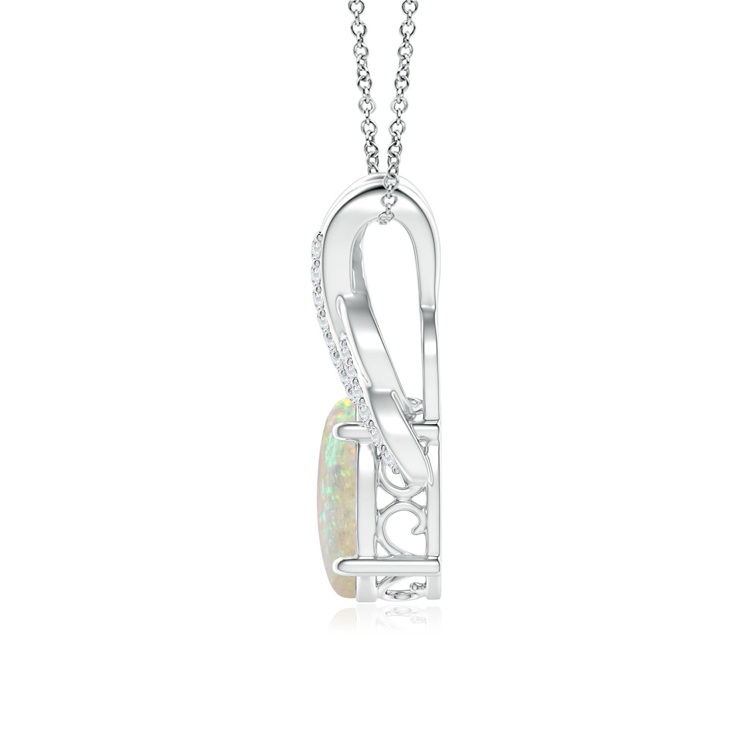 10x8mm AAA Oval Opal Criss Cross Pendant with Diamonds in White Gold