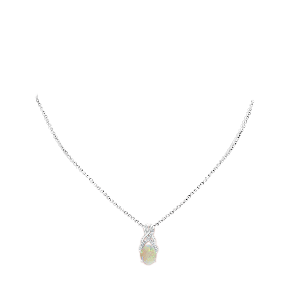 10x8mm AAA Oval Opal Criss Cross Pendant with Diamonds in White Gold pen