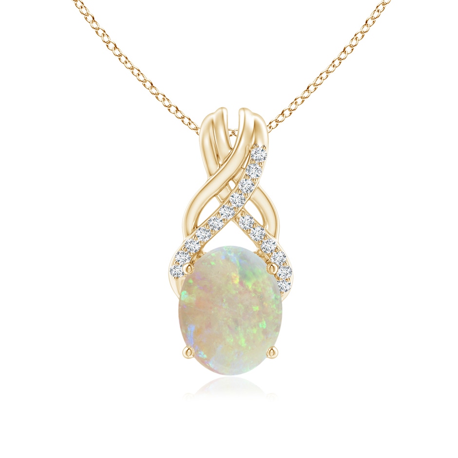 10x8mm AAA Oval Opal Criss Cross Pendant with Diamonds in Yellow Gold 