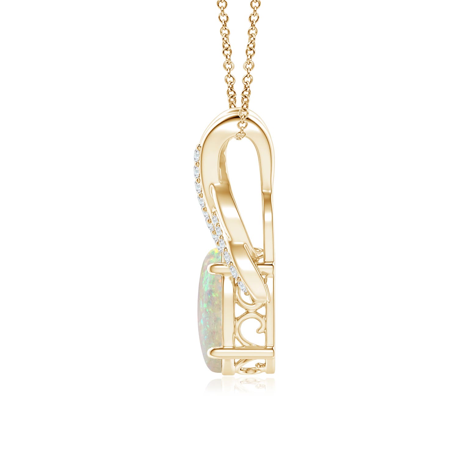 10x8mm AAA Oval Opal Criss Cross Pendant with Diamonds in Yellow Gold