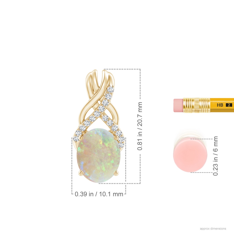 10x8mm AAA Oval Opal Criss Cross Pendant with Diamonds in Yellow Gold ruler