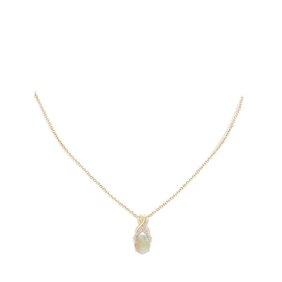 10x8mm AAA Oval Opal Criss Cross Pendant with Diamonds in Yellow Gold pen