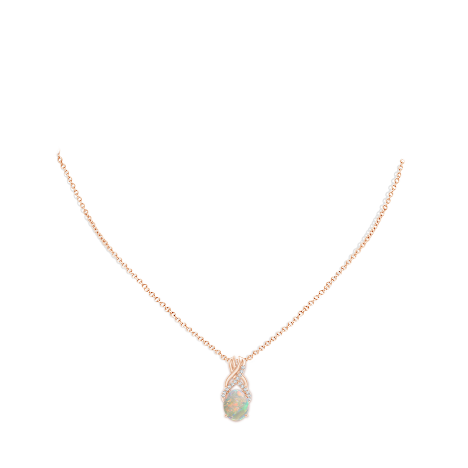 10x8mm AAAA Oval Opal Criss Cross Pendant with Diamonds in 18K Rose Gold pen